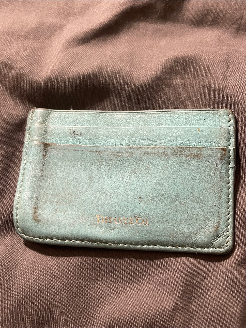 Tiffany & Co. Robin's Egg Blue Leather Card Holder with Gold Logo